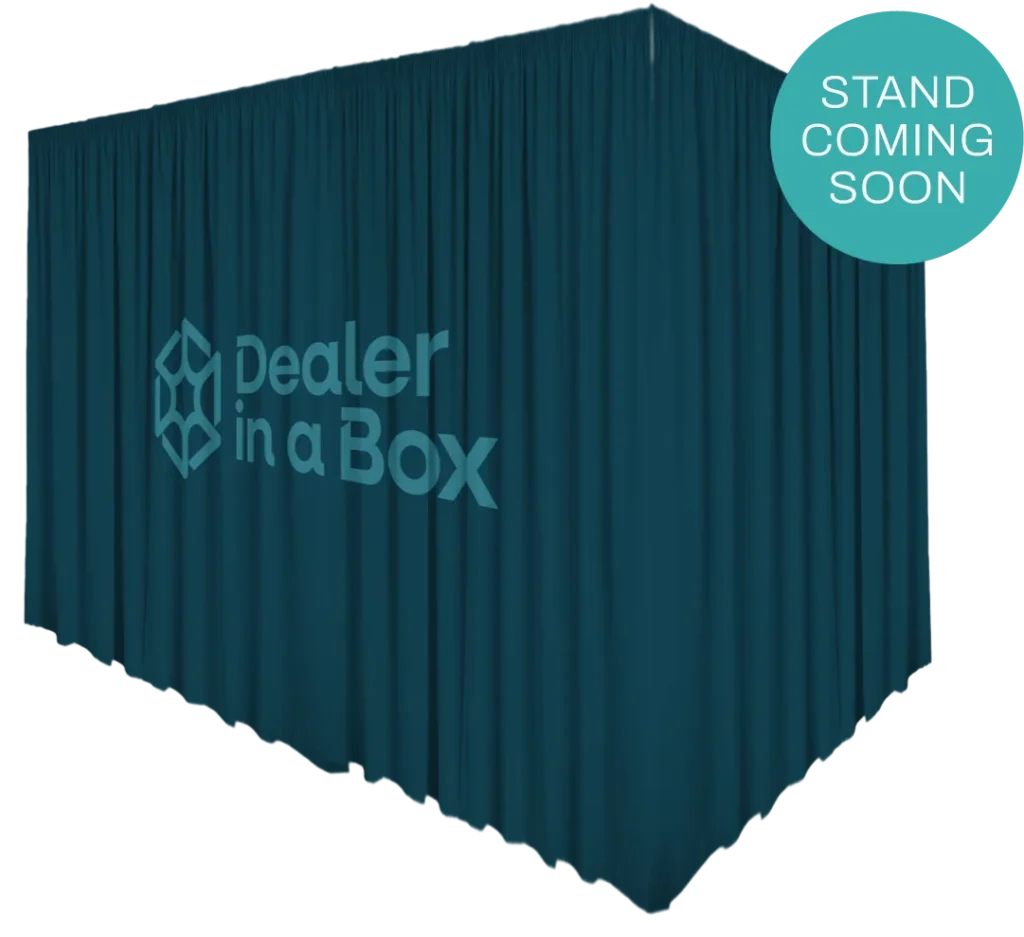 Dealer in a Box stand covered by reveal curtain