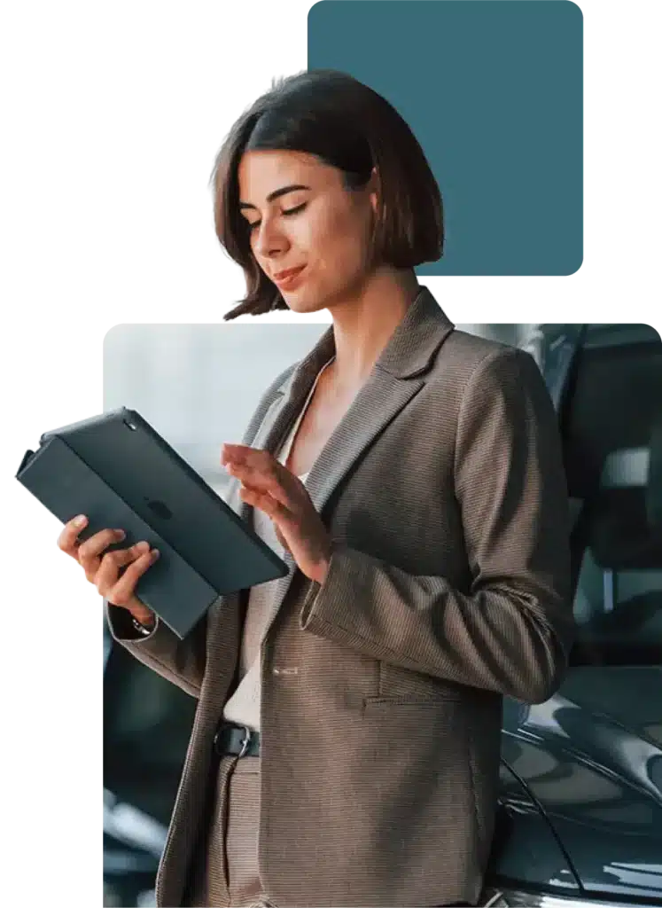 Lady using digital tablet to explore evolution funding auto finance platform